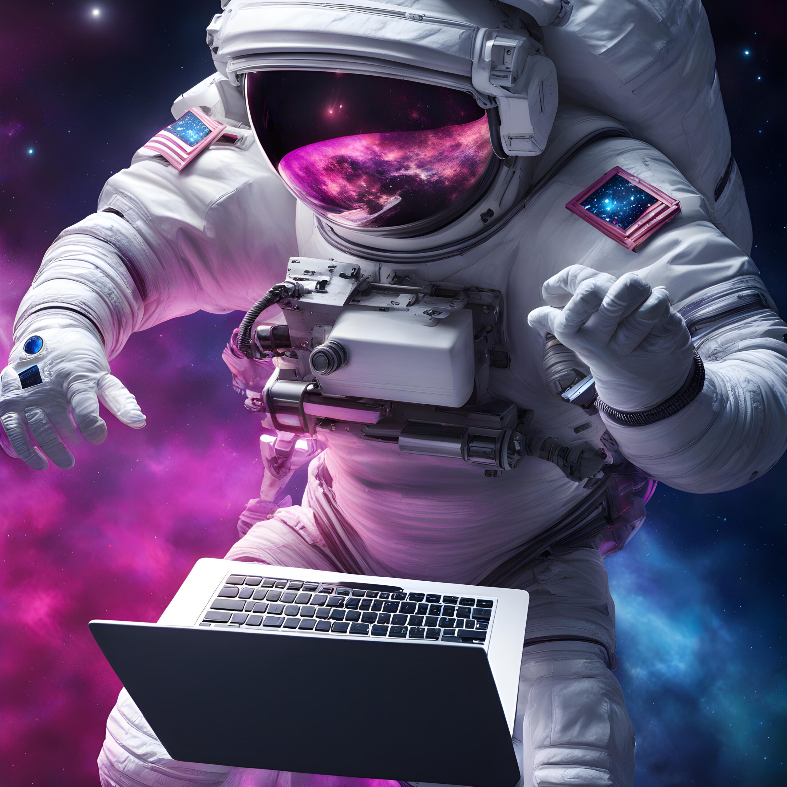 astronaut in space with laptop